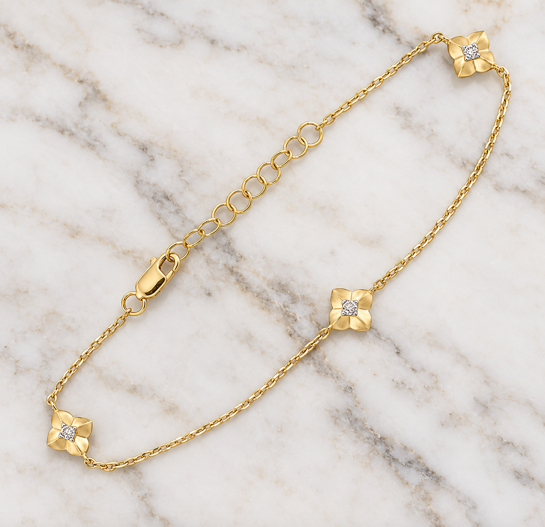 14K Yellow Gold Satin Finish Clover Diamond Station Bracelet