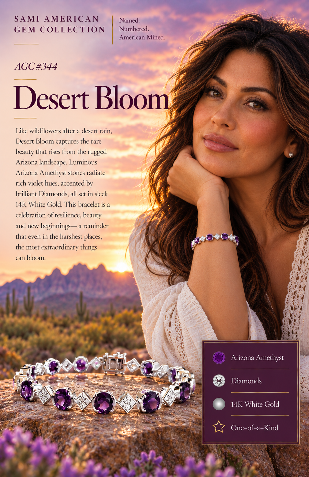 American Gem Collection #344 "Desert Bloom" Arizona Amethyst and Diamond 14K White Gold Bracelet