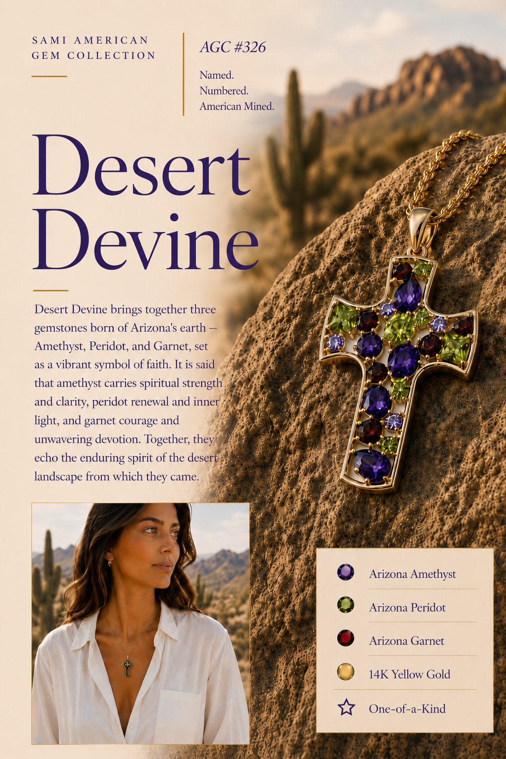 American Gem Collection #326  "Desert Divine" Arizona Gemstone 14K Yellow Gold Cross Pendant