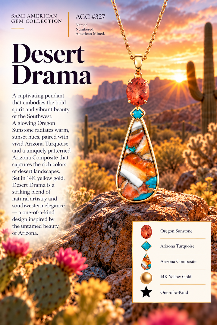 American Gem Collection #327 "Desert Drama" Oregon Sunstone and Arizona Composite Turquoise Pendant