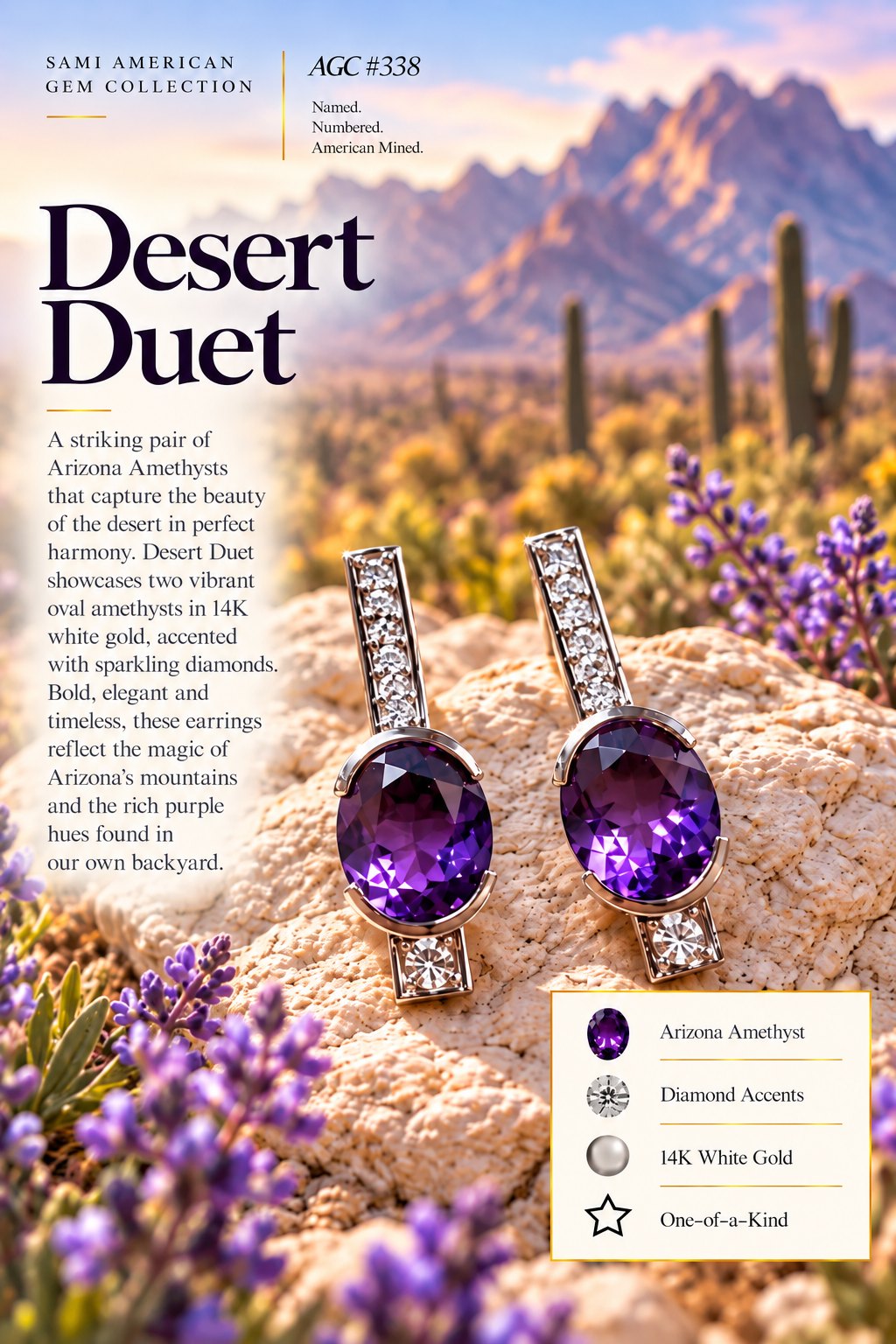 American Gem Collection #338 "Desert Duet" Arizona Amethyst and Diamond Rod 14K White Gold Earrings