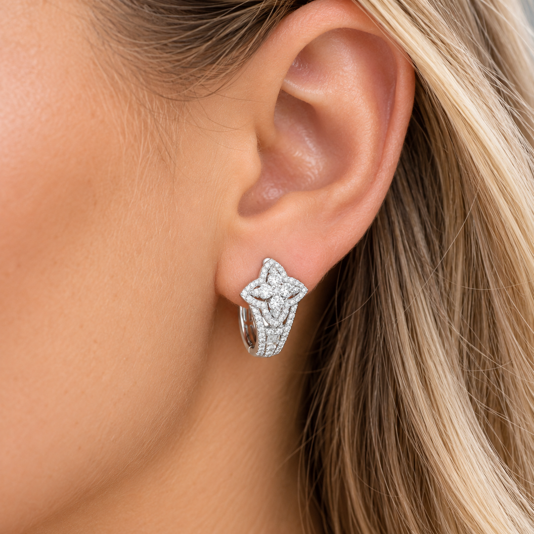 14K White Gold Vintage Clover Diamond Hinge Hoop Earrings – 1.00 CTW