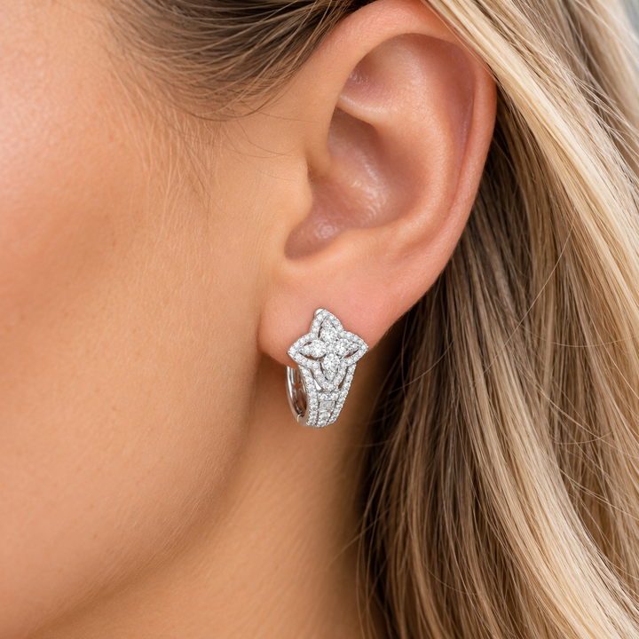 14K White Gold Vintage Clover Diamond Hinge Hoop Earrings – 1.00 CTW