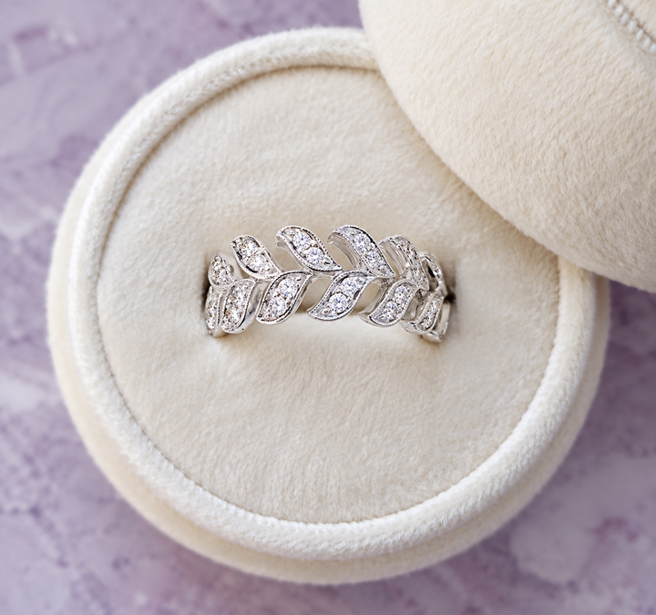 14K White Gold Flowing Leaf Diamond Wide Band