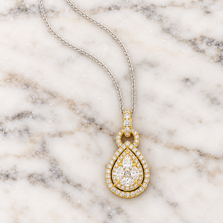 14K Yellow Gold Diamond Double Pear Halo Cluster Necklace – 0.75 CTW