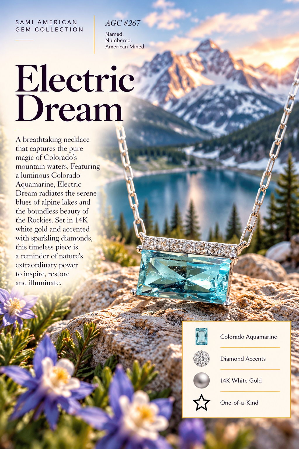 American Gem Collection #267 "Electric Dream" Colorado Aquamarine 14K White Gold Necklace
