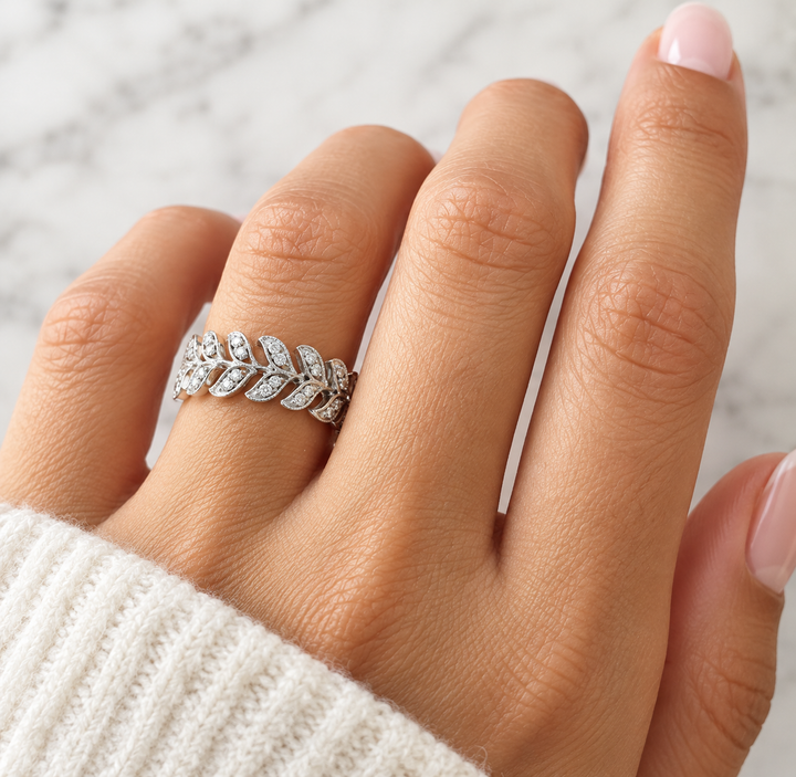 14K White Gold Flowing Leaf Diamond Wide Band