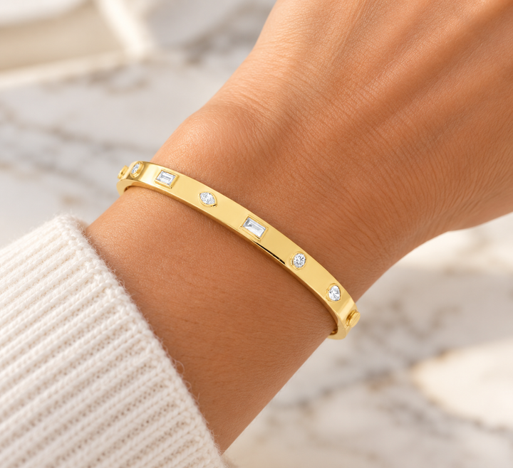 14K Yellow Gold Multi-Shape Diamond Bezel Bangle