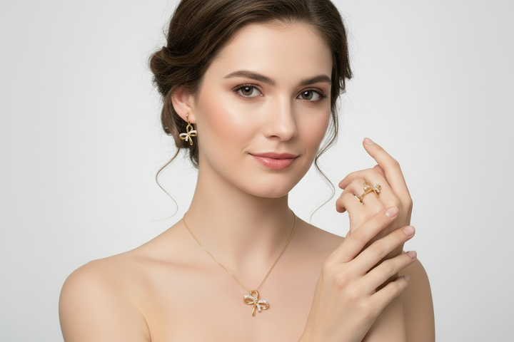 14k Gold Diamond Bow Ring, Necklace and Earring Set
