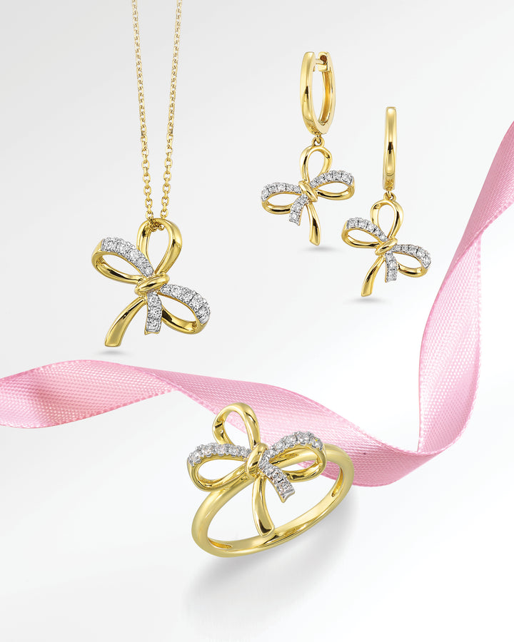 14k Gold Diamond Bow Ring, Necklace and Earring Set