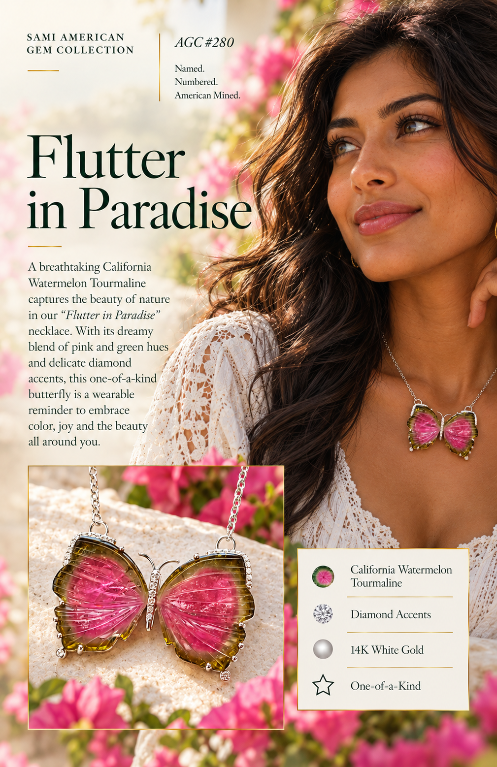 American Gem Collection #280 "Flutter in Paradise" California Watermelon Tourmaline Butterfly Necklace