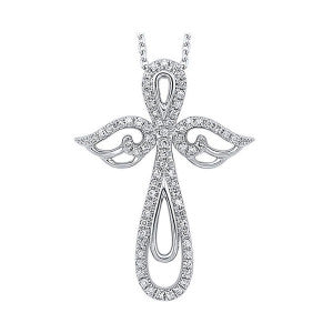 Angel Wings 14k White Gold Diamond Cross Necklace