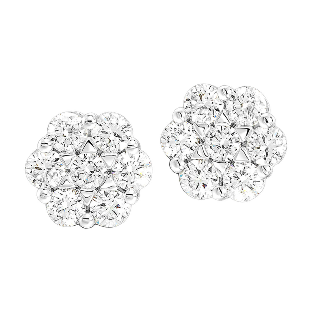 14K White Gold Radiant Bloom Diamond Cluster Stud Earrings