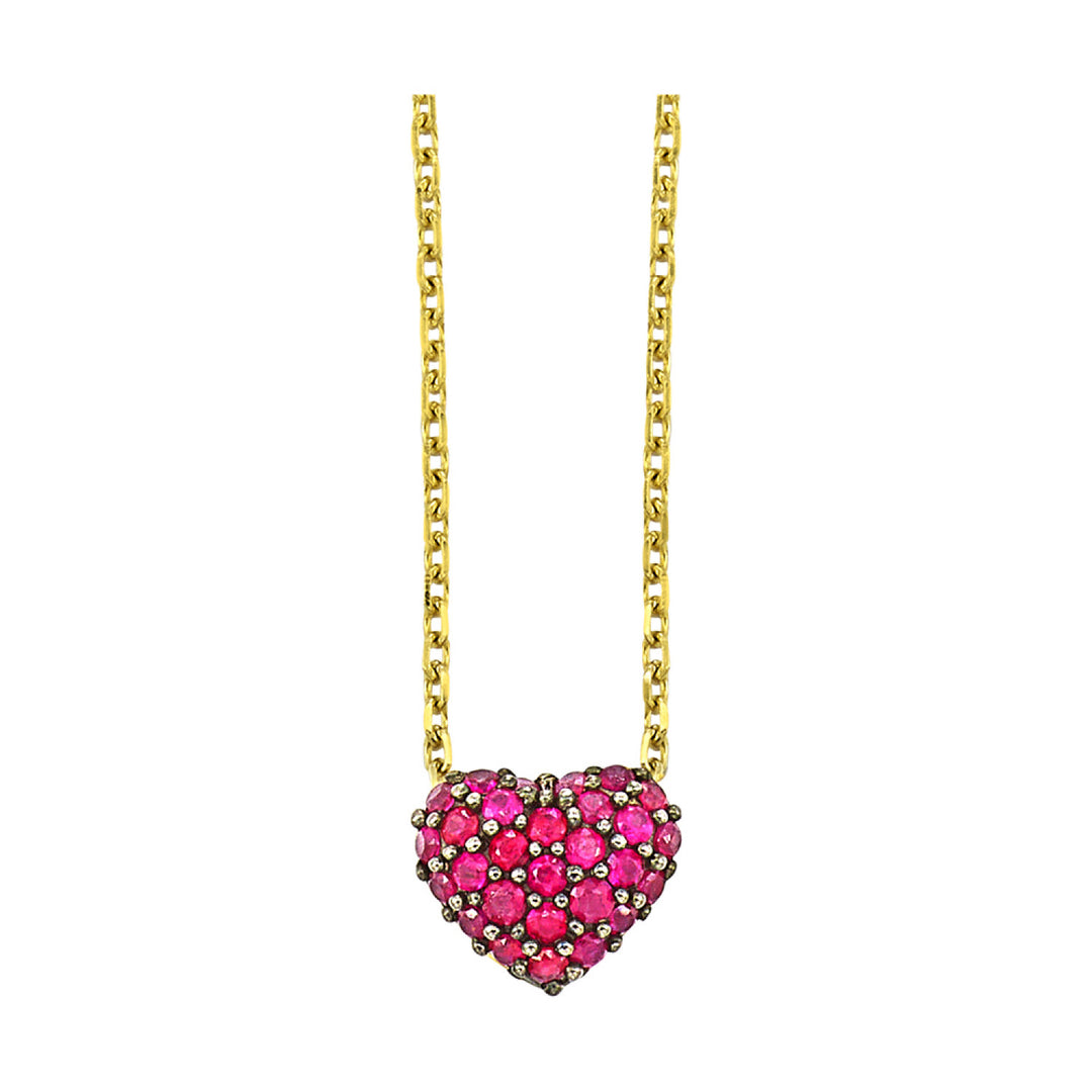14k Yellow Gold Pave Diamond or Ruby Heart Necklace