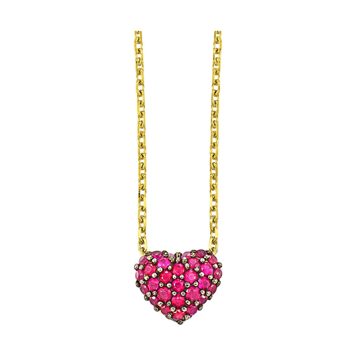 14k Yellow Gold Pave Diamond or Ruby Heart Necklace