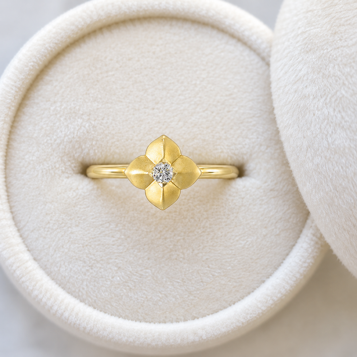 14K Yellow Gold Satin Finish Clover Diamond Ring