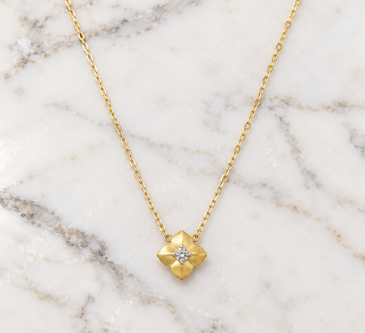14K Yellow Gold Satin Finish Clover Diamond Necklace