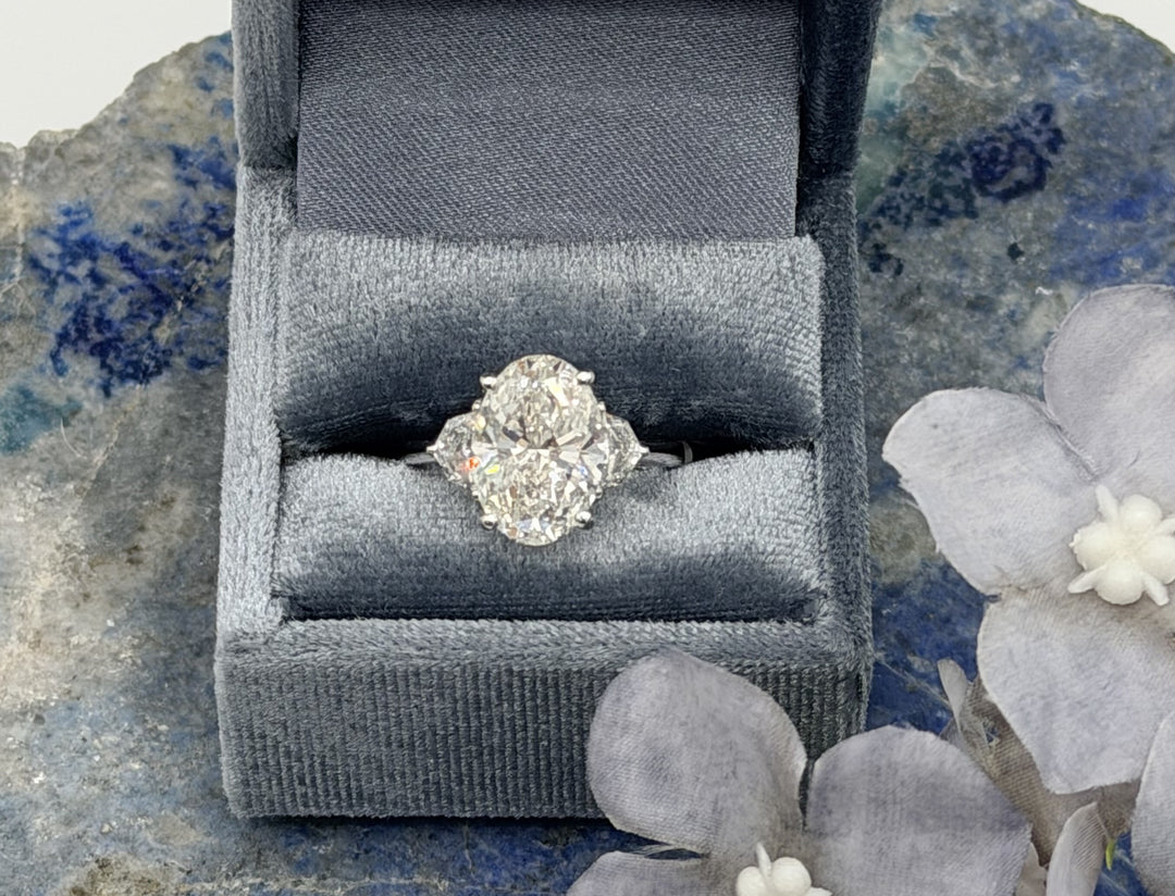 14K White Gold Oval Lab Diamond and Trillion Cut 3-Stone Engagement Ring