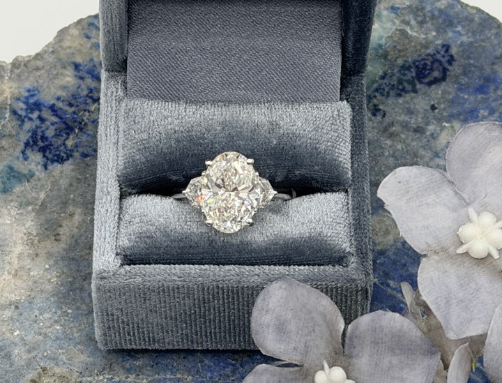 14K White Gold Oval Lab Diamond and Trillion Cut 3-Stone Engagement Ring
