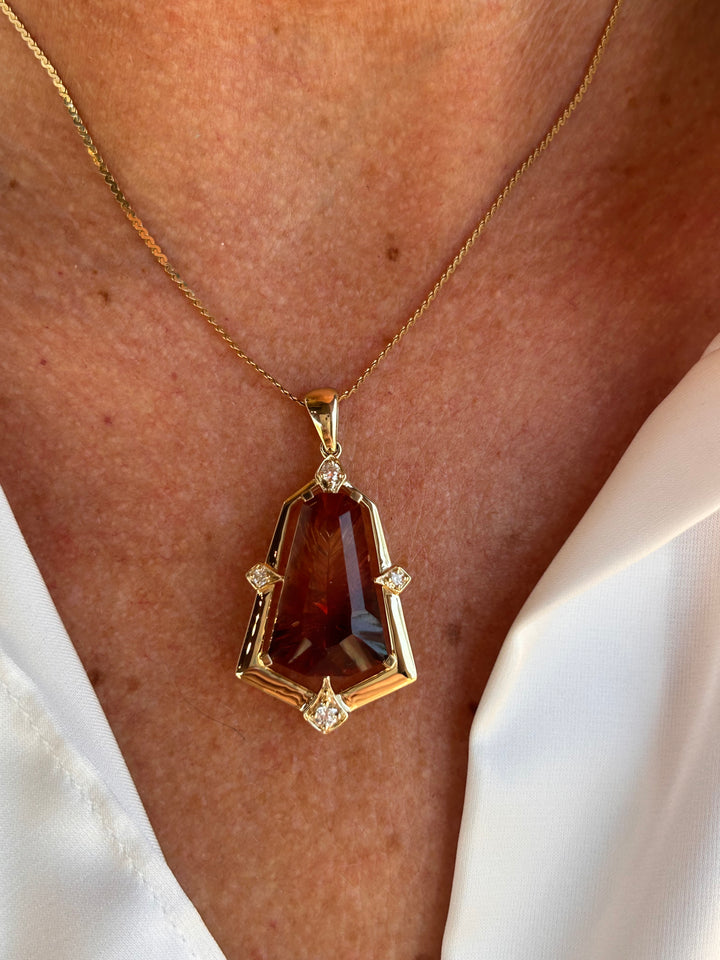 "Blazing Shield" - 14k Yellow Gold Oregon Sunstone and Diamond Pendant