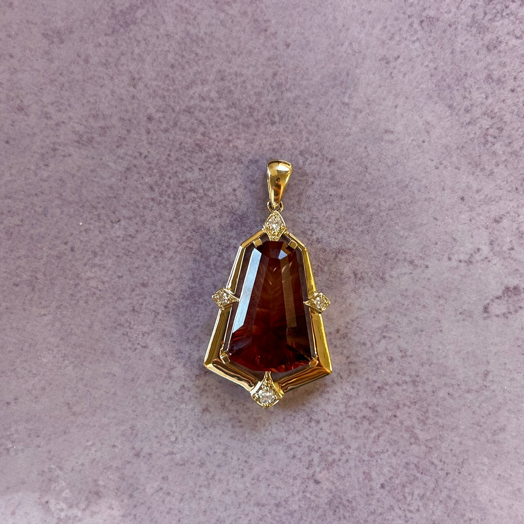 "Blazing Shield" - 14k Yellow Gold Oregon Sunstone and Diamond Pendant