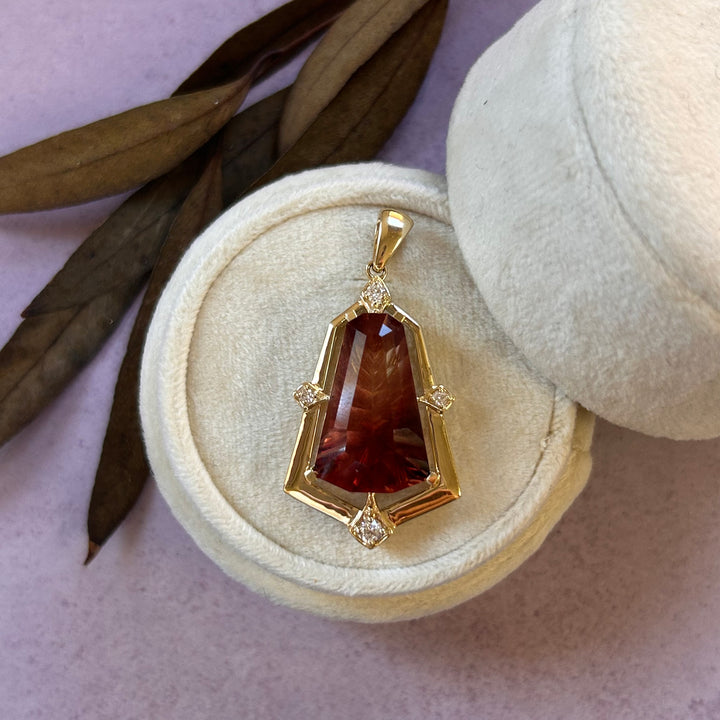 "Blazing Shield" - 14k Yellow Gold Oregon Sunstone and Diamond Pendant