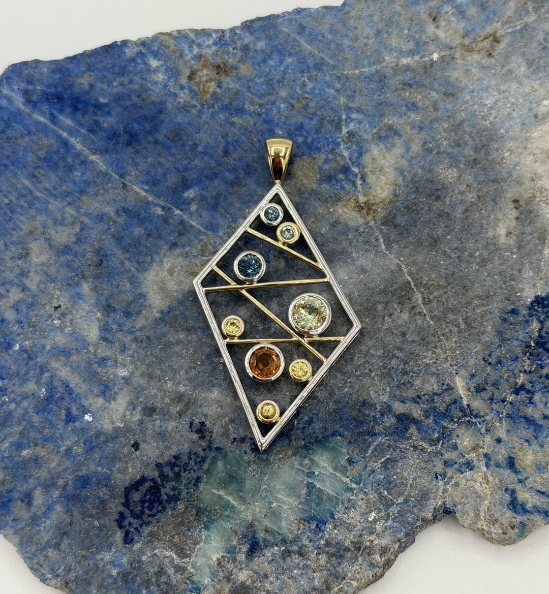 "Sapphire Matrix" 14k Two Tone Multi Colored Montana Sapphire Pendant