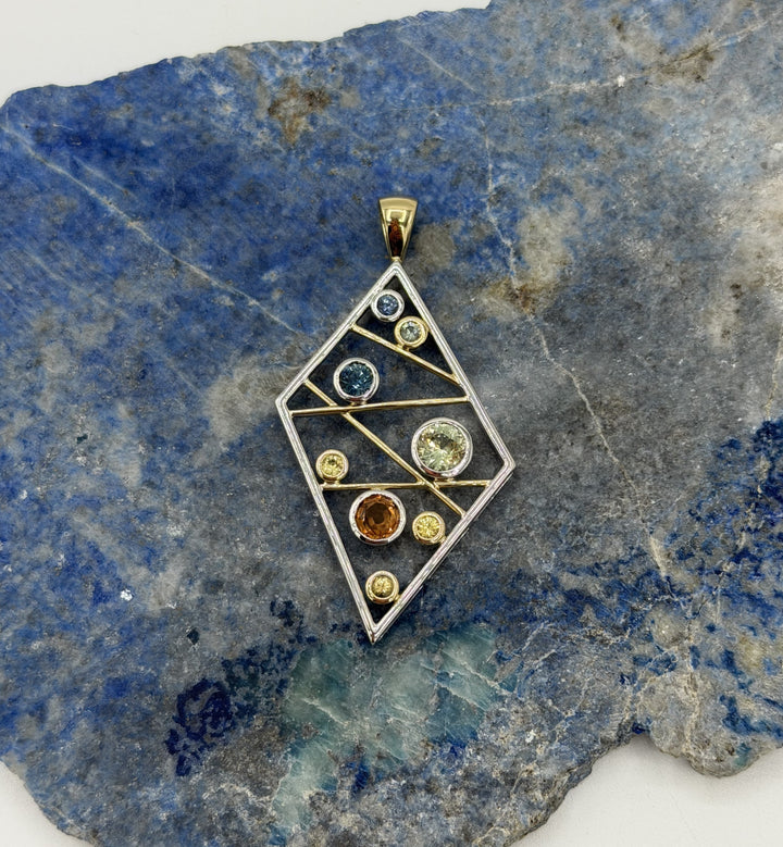 "Sapphire Matrix" 14k Two Tone Multi Colored Montana Sapphire Pendant