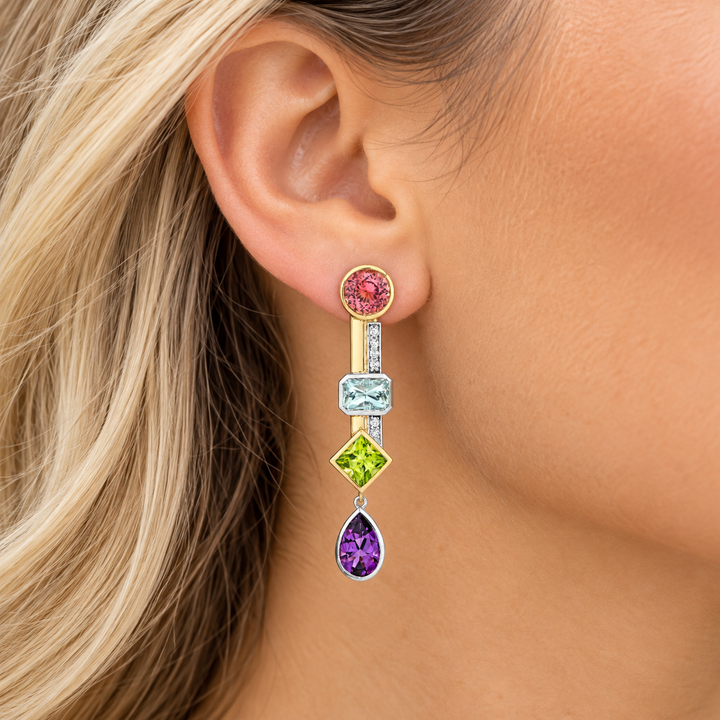 American Gem Collection #320 "Stateside Sweethearts" Multi American Gem 14K Two-Tone Earrings