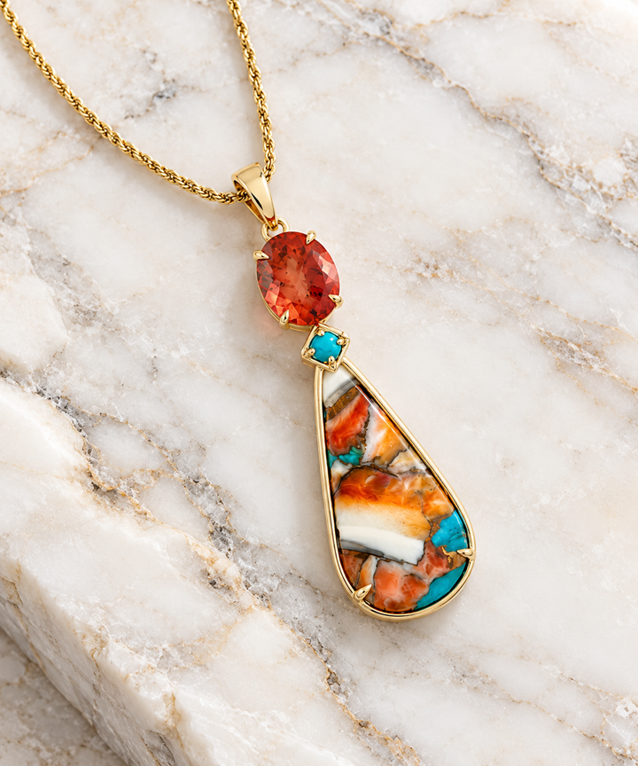 American Gem Collection #327 "Desert Drama" Oregon Sunstone and Arizona Composite Turquoise Pendant