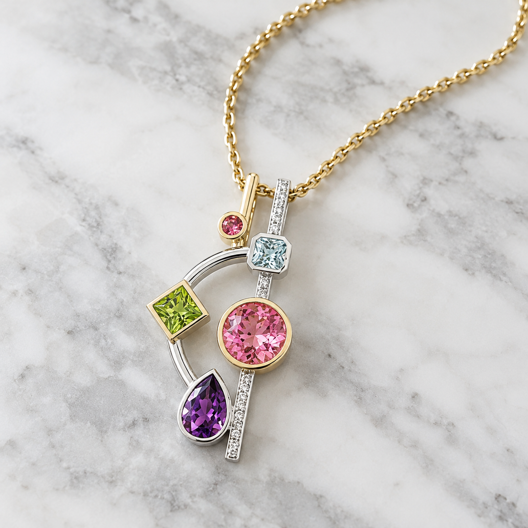 American Gem Collection #320 "American Muse" Multi American Gemstone 14K Two-Tone Pendant