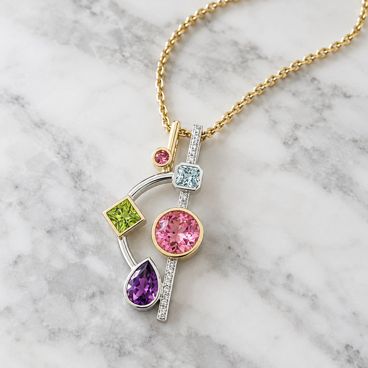 American Gem Collection #320 "American Muse" Multi American Gemstone 14K Two-Tone Pendant