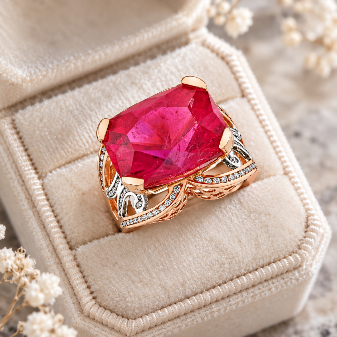 American Gem Collection #341 "Queen of Everything" California Pink Tourmaline 14K Two-Tone Ring