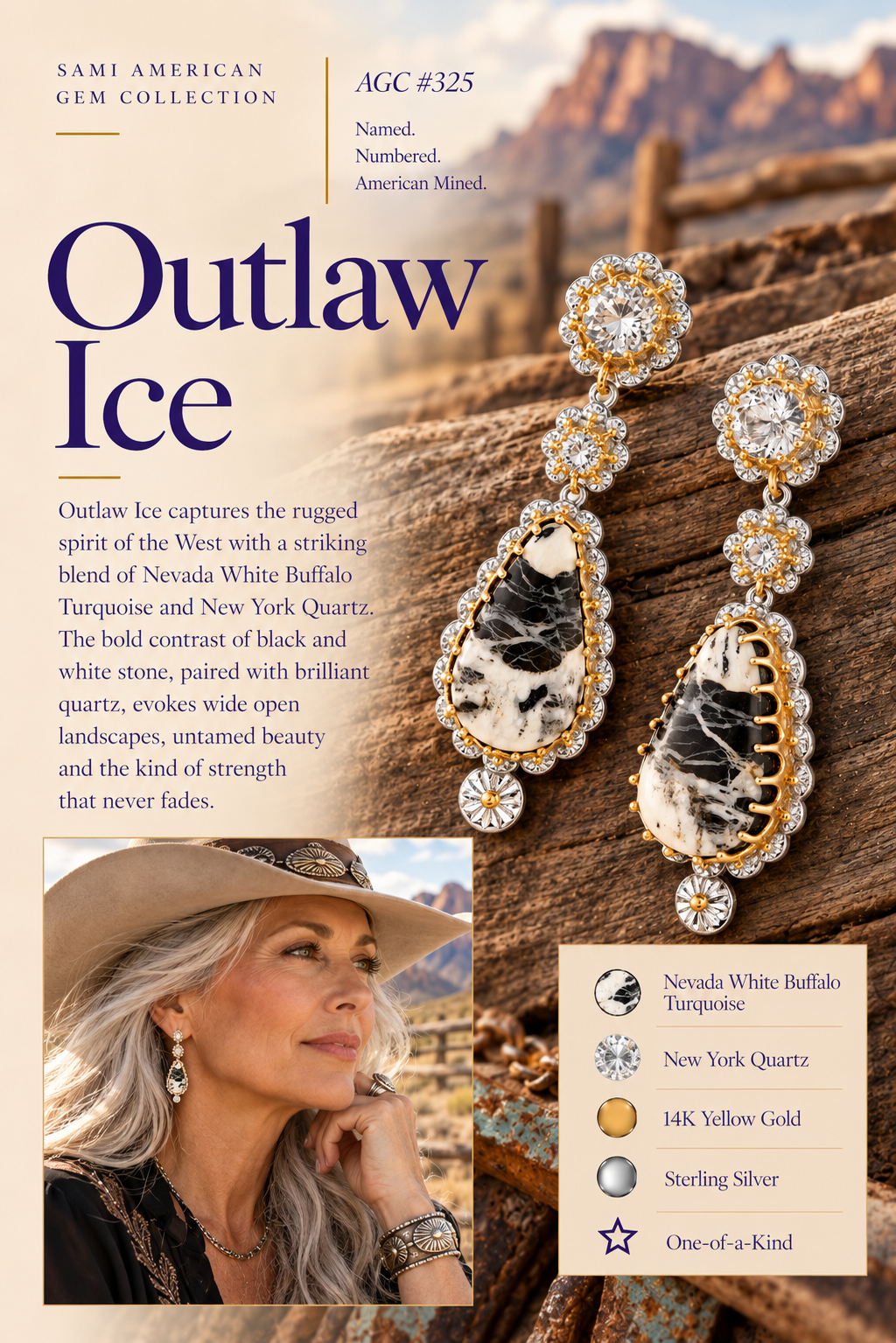 American Gem Collection #325 "Outlaw Ice" Nevada White Buffalo Sterling Silver Earrings