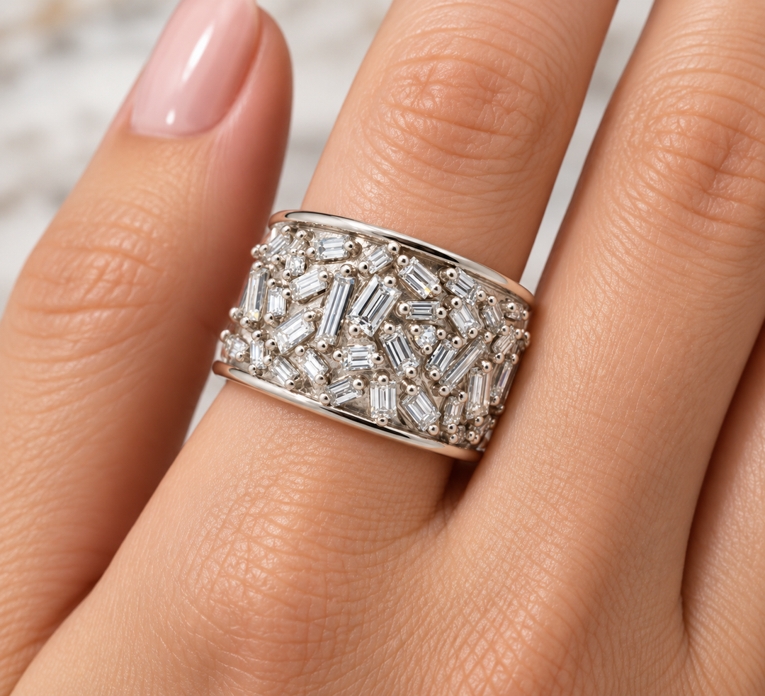 Luxury By Rene Hernandez 14K White Gold Multi-Shaped Diamond Wide Band Ring