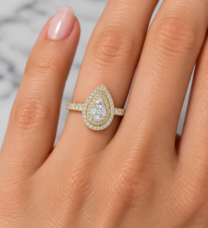 14K Yellow Gold Diamond Pear Cluster Double Halo Ring