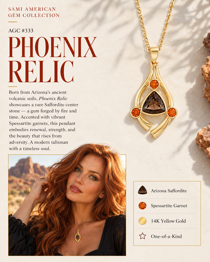 American Gem Collection #333 "Phoenix Relic" Arizona Saffordite and Spessartite 14K Yellow Gold Pendant