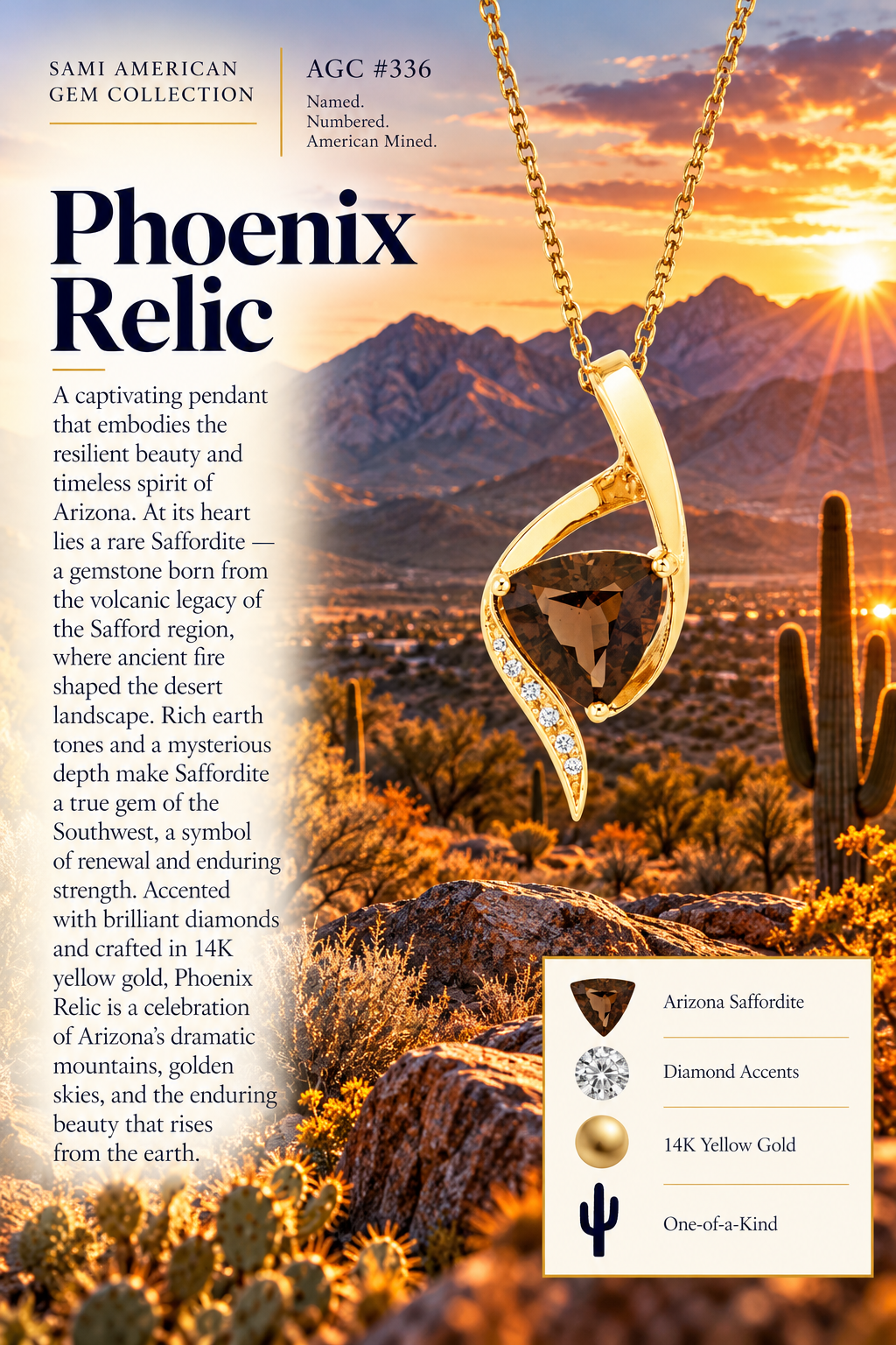 American Gem Collection #336 "Phoenix Relic" Arizona Saffordite & Diamond 14K Yellow Gold Pendant