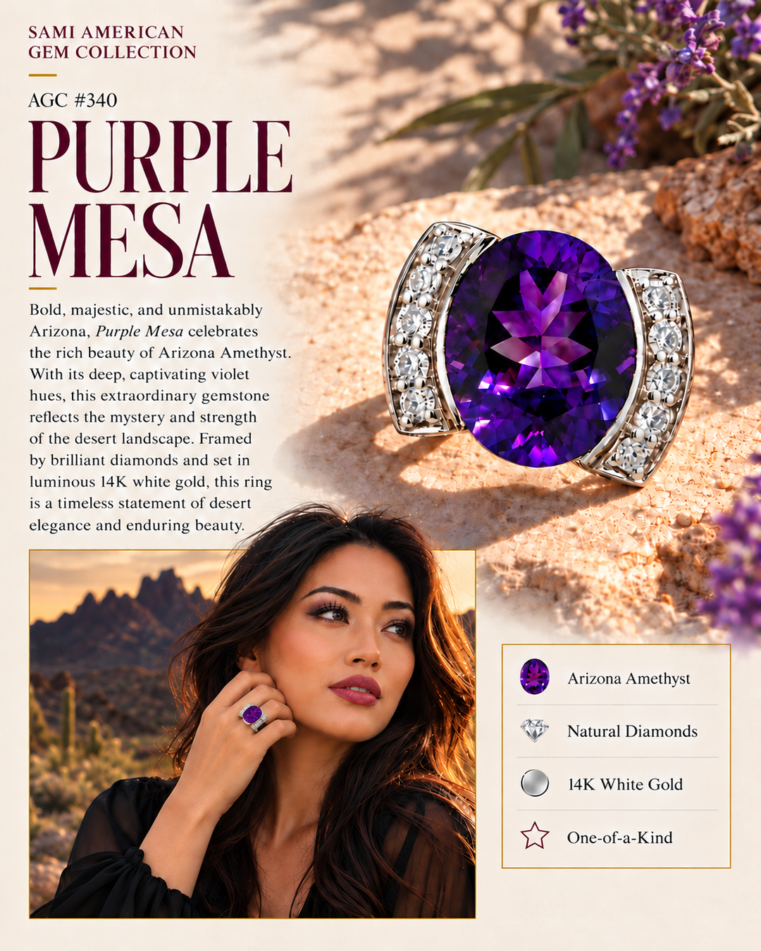 American Gem Collection #340 "Purple Mesa" Arizona Amethyst 14K White Gold Ring