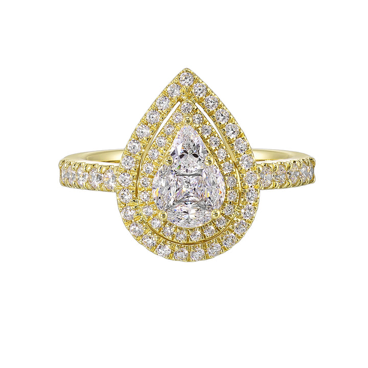 14K Yellow Gold Diamond Pear Cluster Double Halo Ring