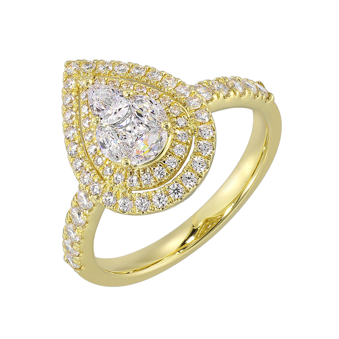 14K Yellow Gold Diamond Pear Cluster Double Halo Ring