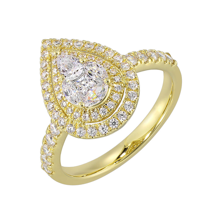 14K Yellow Gold Diamond Pear Cluster Double Halo Ring
