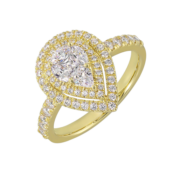 14K Yellow Gold Diamond Pear Cluster Double Halo Ring