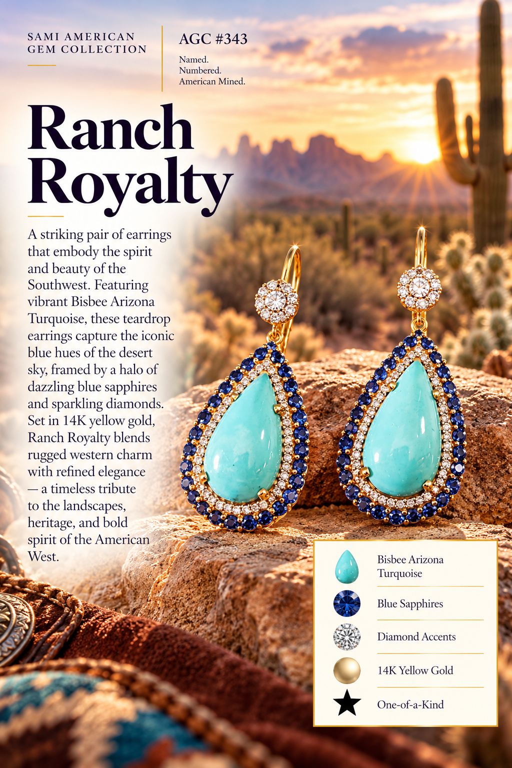 American Gem Collection #343 "Ranch Royalty" Bisbee Arizona Turquoise and Sapphire Earrings
