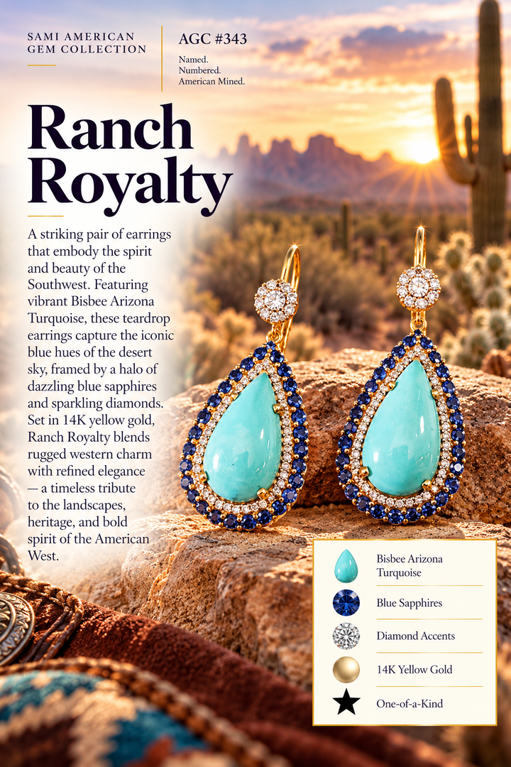 American Gem Collection #343 "Ranch Royalty" Bisbee Arizona Turquoise and Sapphire Earrings
