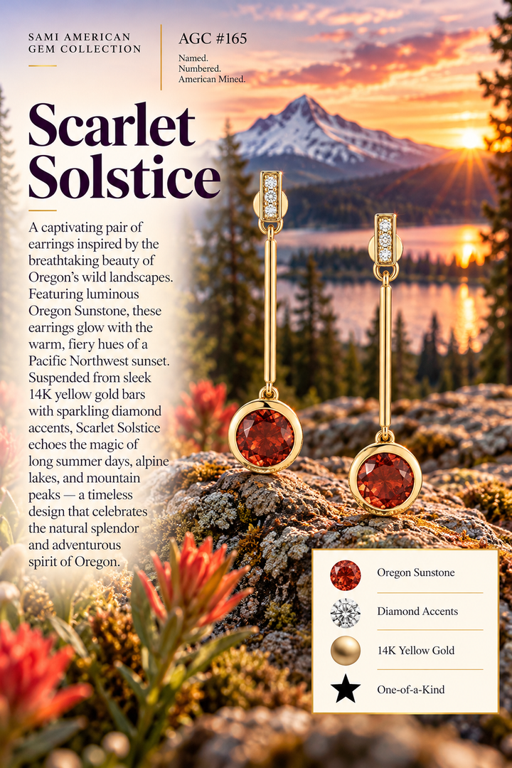 American Gem Collection #165 "Scarlet Solstice" Oregon Sunstone Modern Long Dangle Post Earrings
