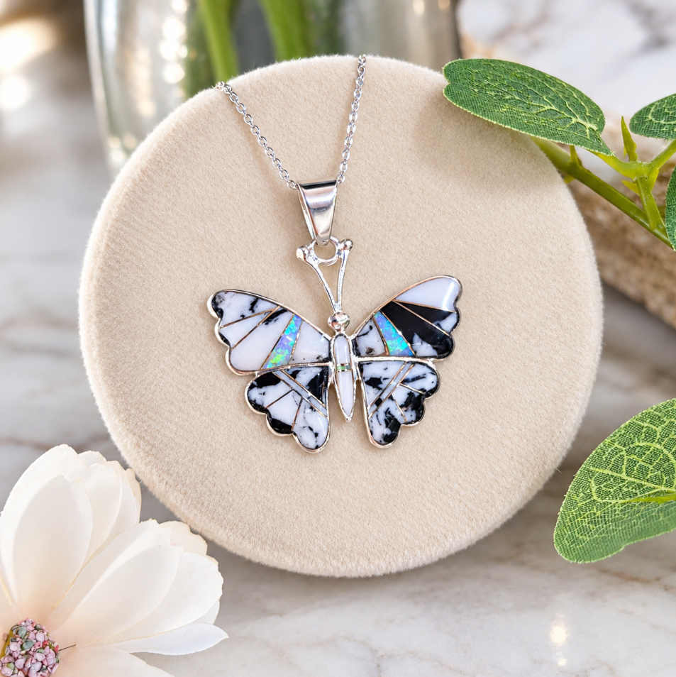 Sterling Silver White Buffalo Turquoise and Opal Butterfly Pendant