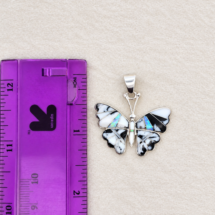 Sterling Silver White Buffalo Turquoise and Opal Butterfly Pendant