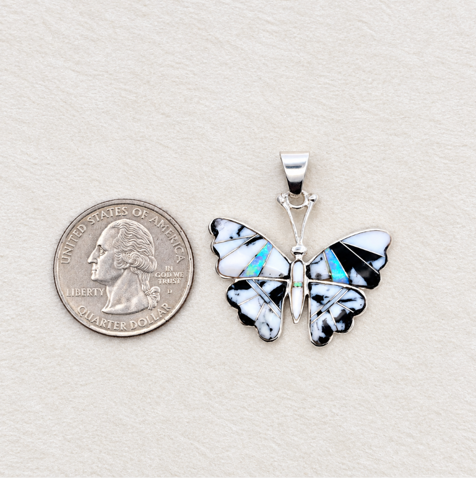 Sterling Silver White Buffalo Turquoise and Opal Butterfly Pendant