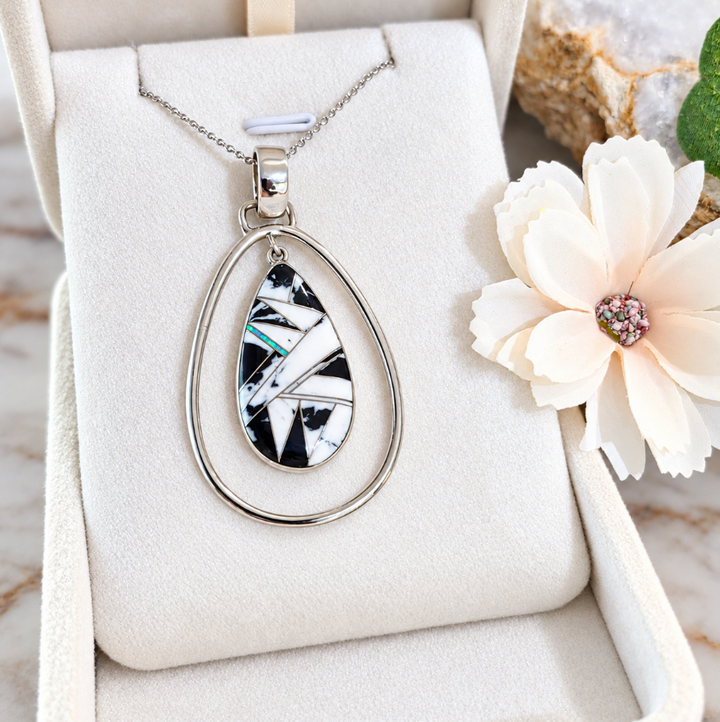 Sterling Silver White Buffalo Turquoise and Opal Double Pear Southwestern Pendant